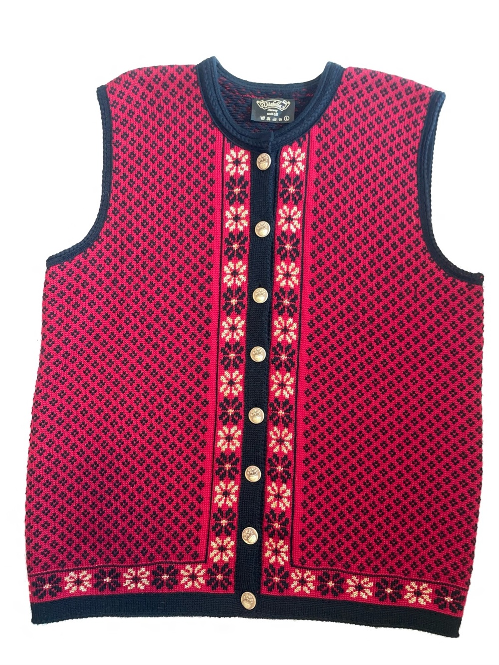 Vintage Vitabella Norway 100% Wool Sweater Vest Red Black Nordic Fair Isle Large